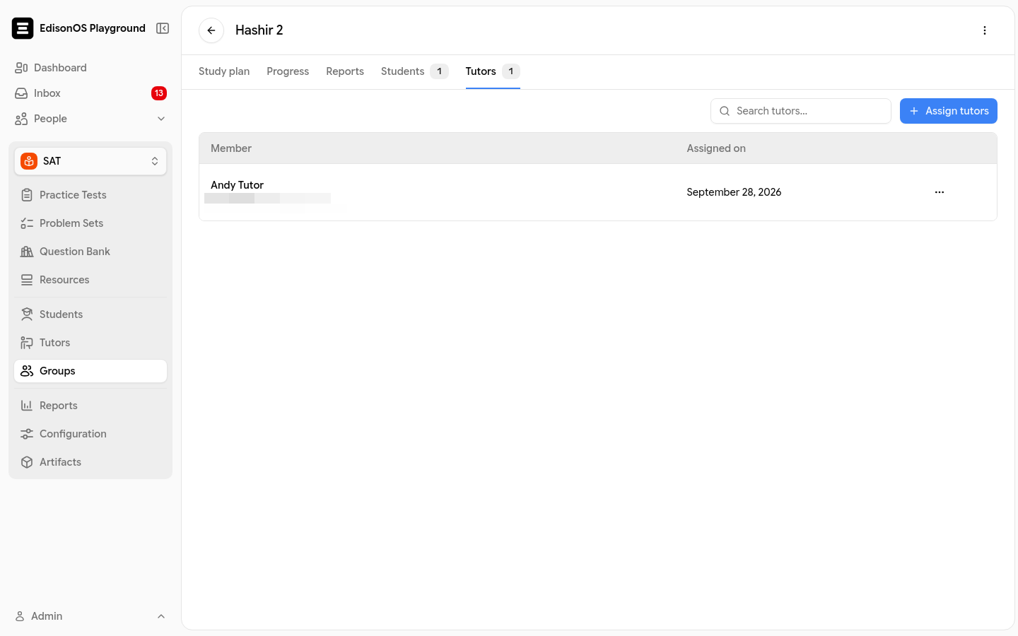 Tutors tab listing the assigned tutor with Member and Assigned on columns