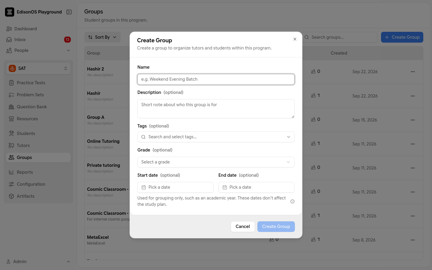 The Create Group dialog with Name, Description, Tags, Grade, and date fields
