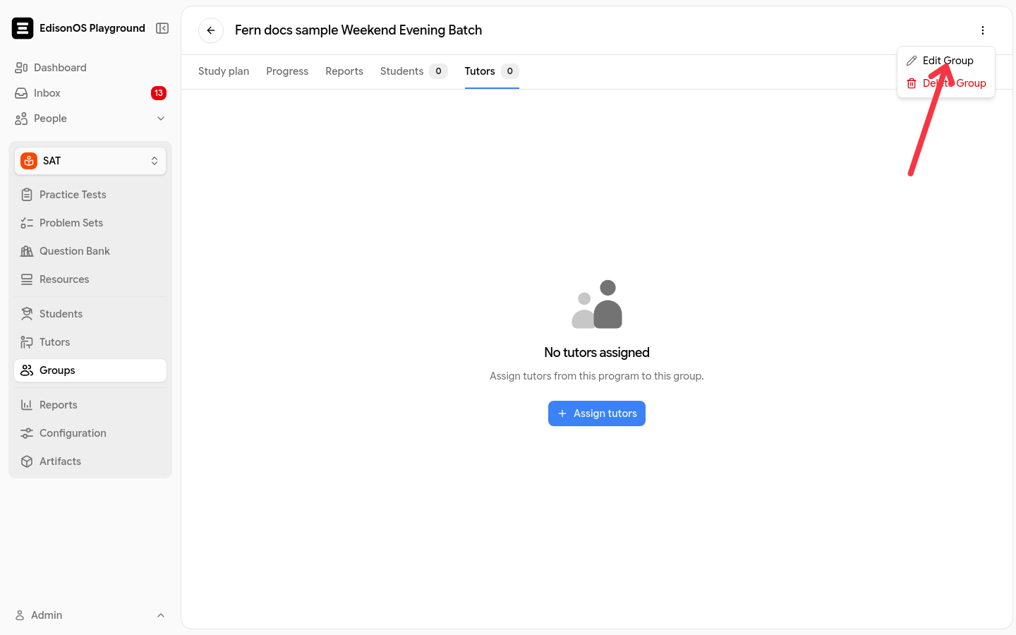 The More actions menu on a group's detail page showing Edit Group and Delete Group