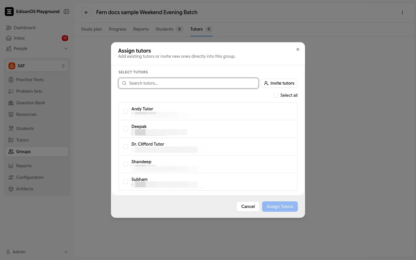 The Assign tutors dialog with a searchable list of tutors