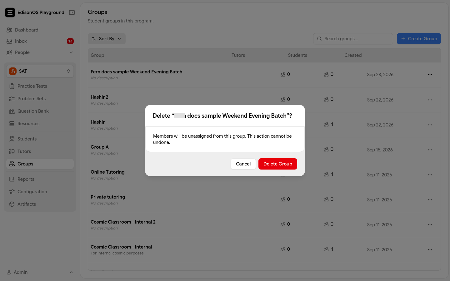 The delete confirmation warning that members will be unassigned and the action cannot be undone