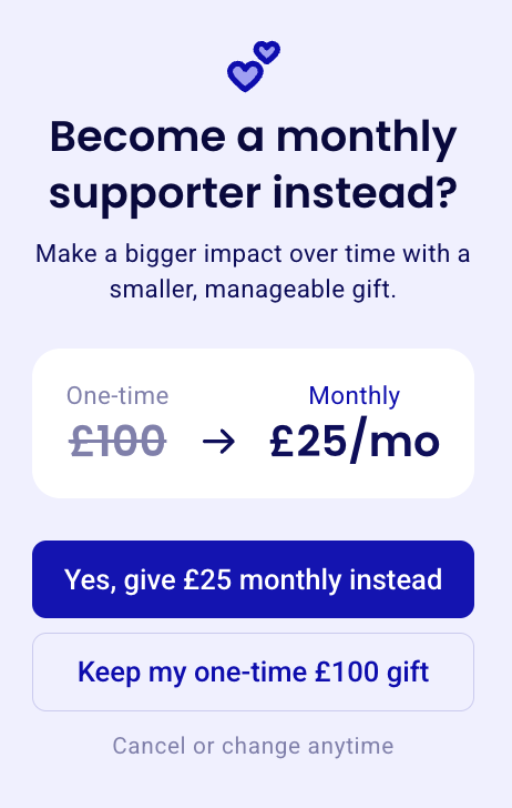 Prompt inviting a one-time donor to switch to monthly giving