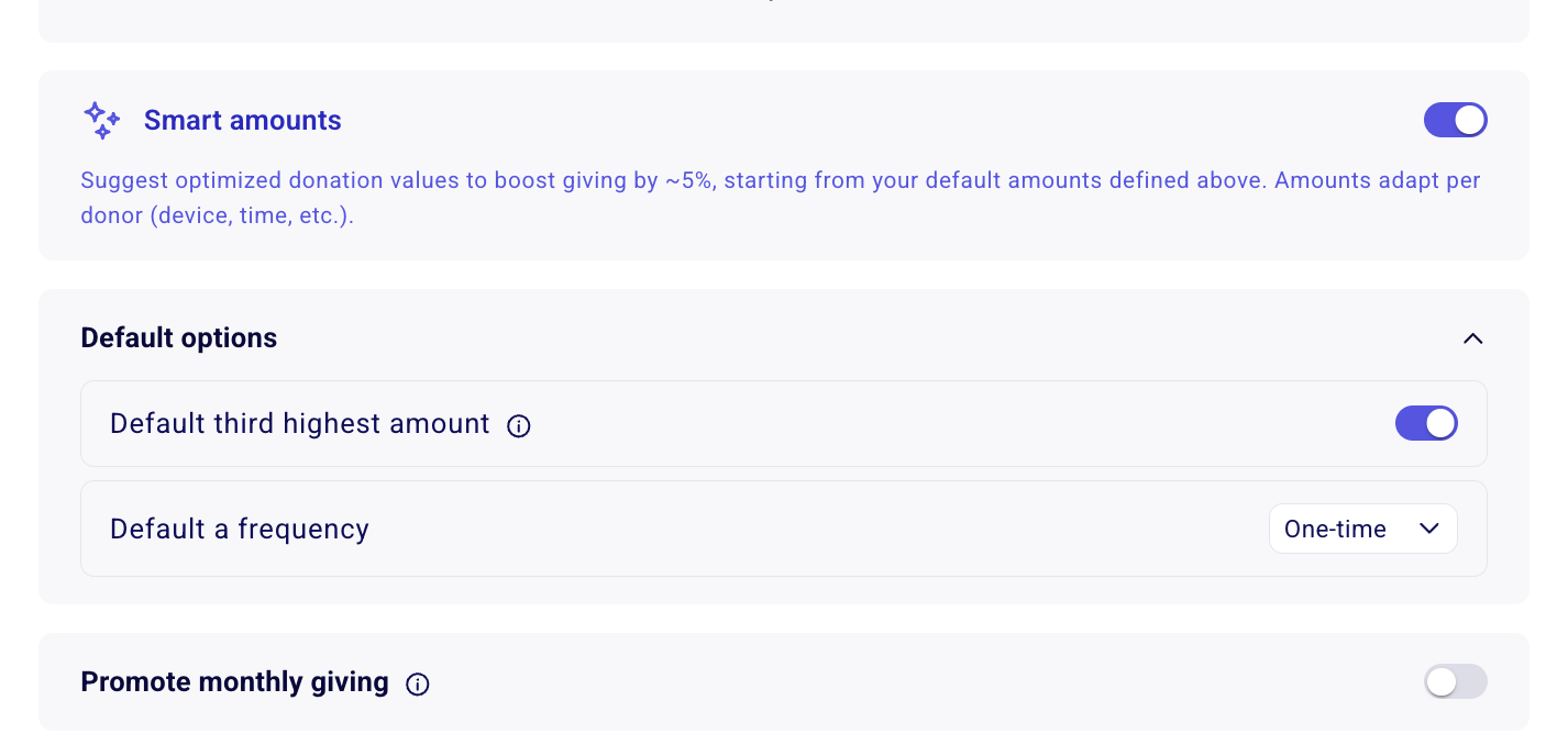 Smart amounts toggle with Default options and Promote monthly giving settings