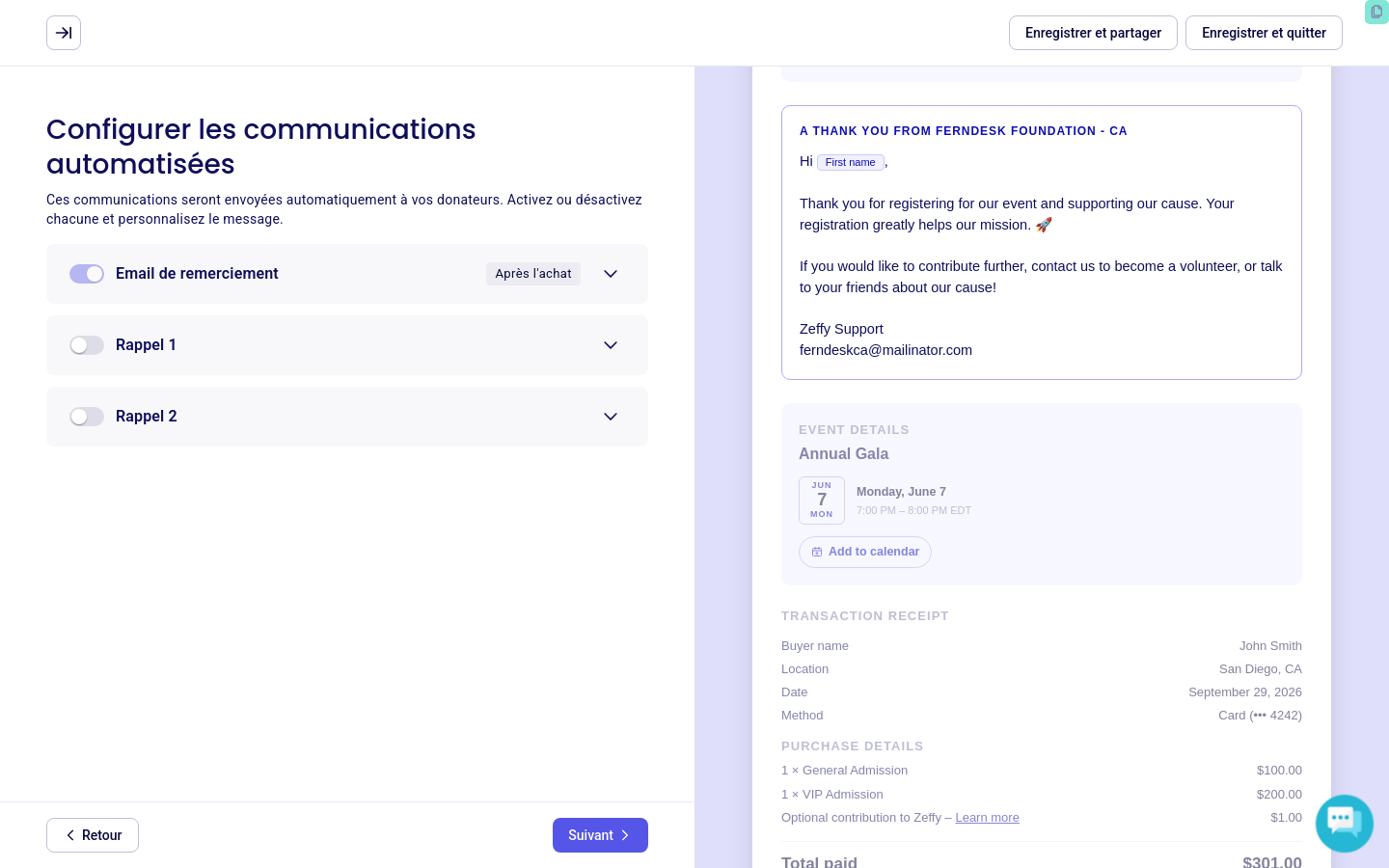 Geöffneter Abschnitt „Automatisierte Kommunikation“ mit der Einstellung für die Dankes-E-Mail und der Vorschau der Nachricht