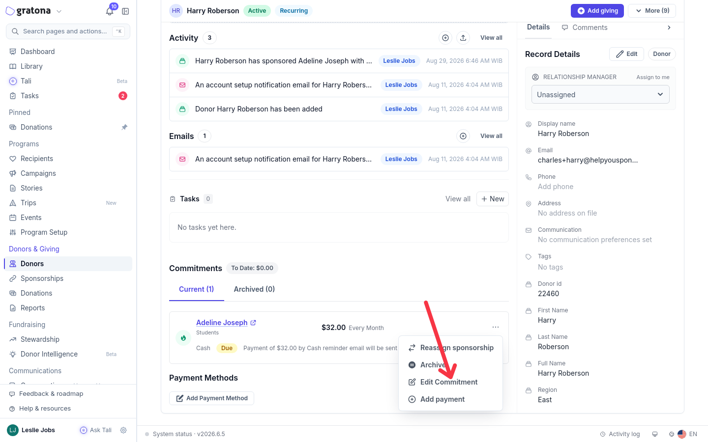 A donor profile's current commitments with the actions menu open, showing Edit Commitment, Add payment, Reassign sponsorship, and Archive