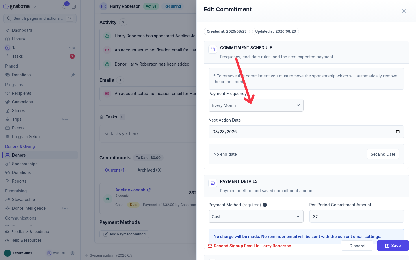 The Edit Commitment drawer with Payment Frequency, Next Action Date, end date controls, Payment Method, and Per-Period Commitment Amount