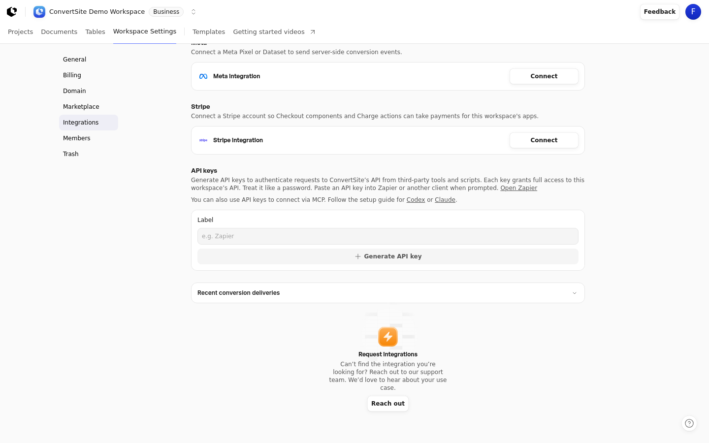ConvertSite Workspace Settings Integrations page showing the API keys section and the Generate API key control
