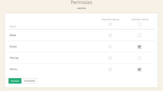 Permissions screen with two checkboxes per horse