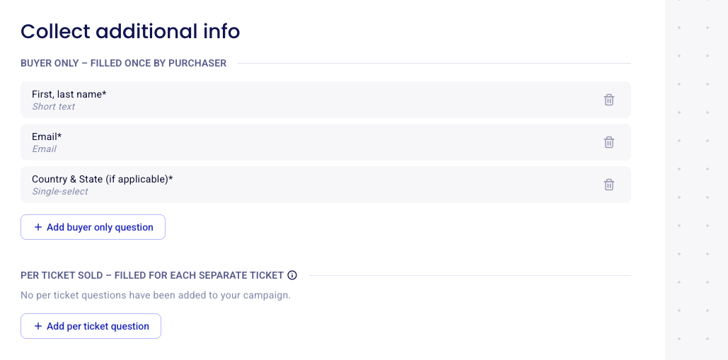 Collect additional info section with per ticket and buyer only questions