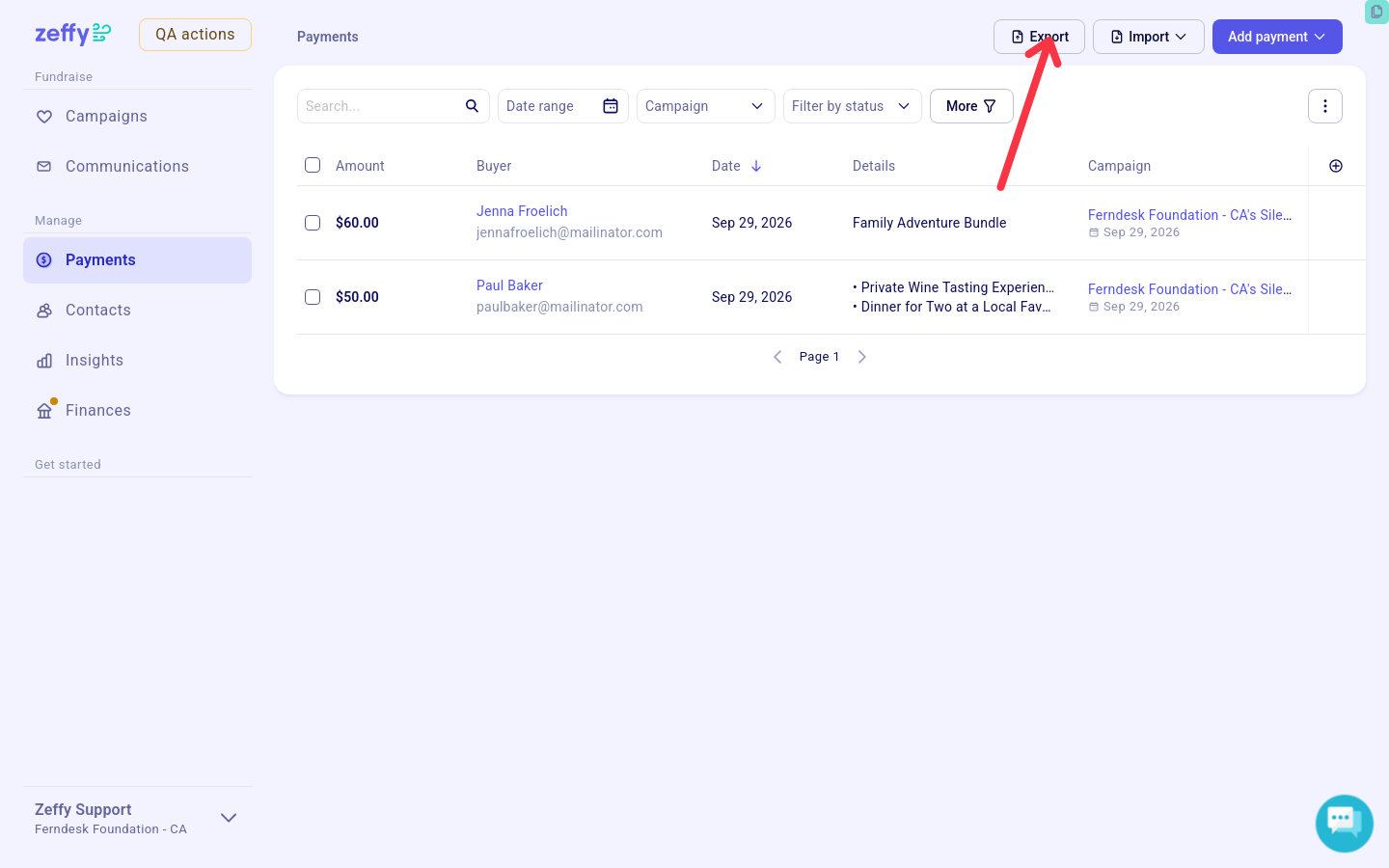 The Payments page with the Export button highlighted
