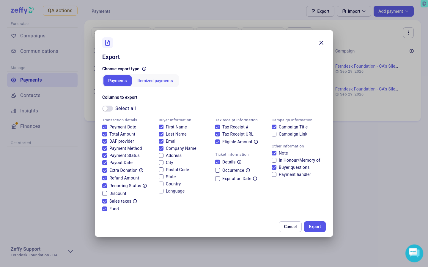 Export dialog with the Itemized payments option visible
