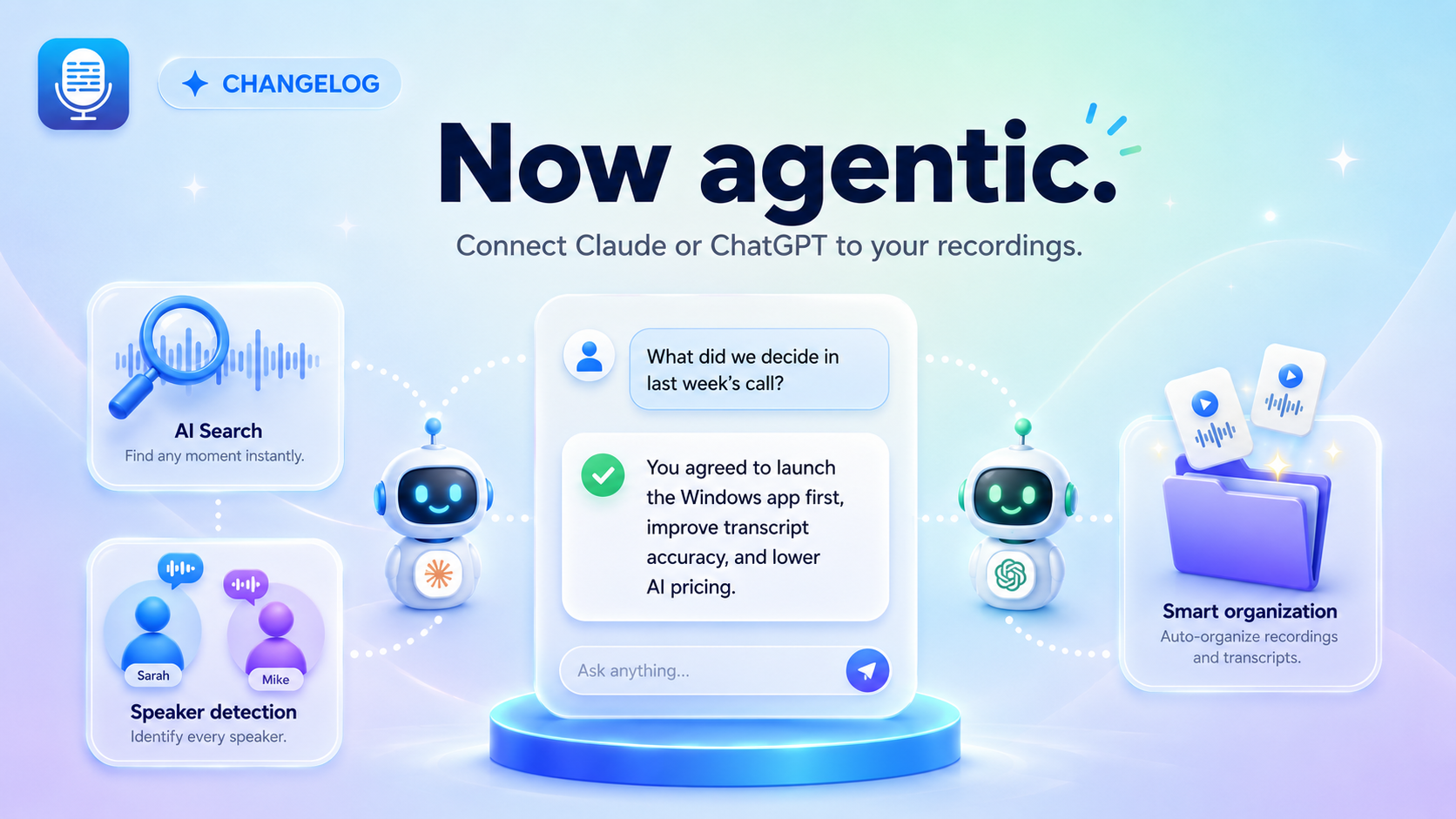 Now agentic — connect Claude or ChatGPT to your recordings
