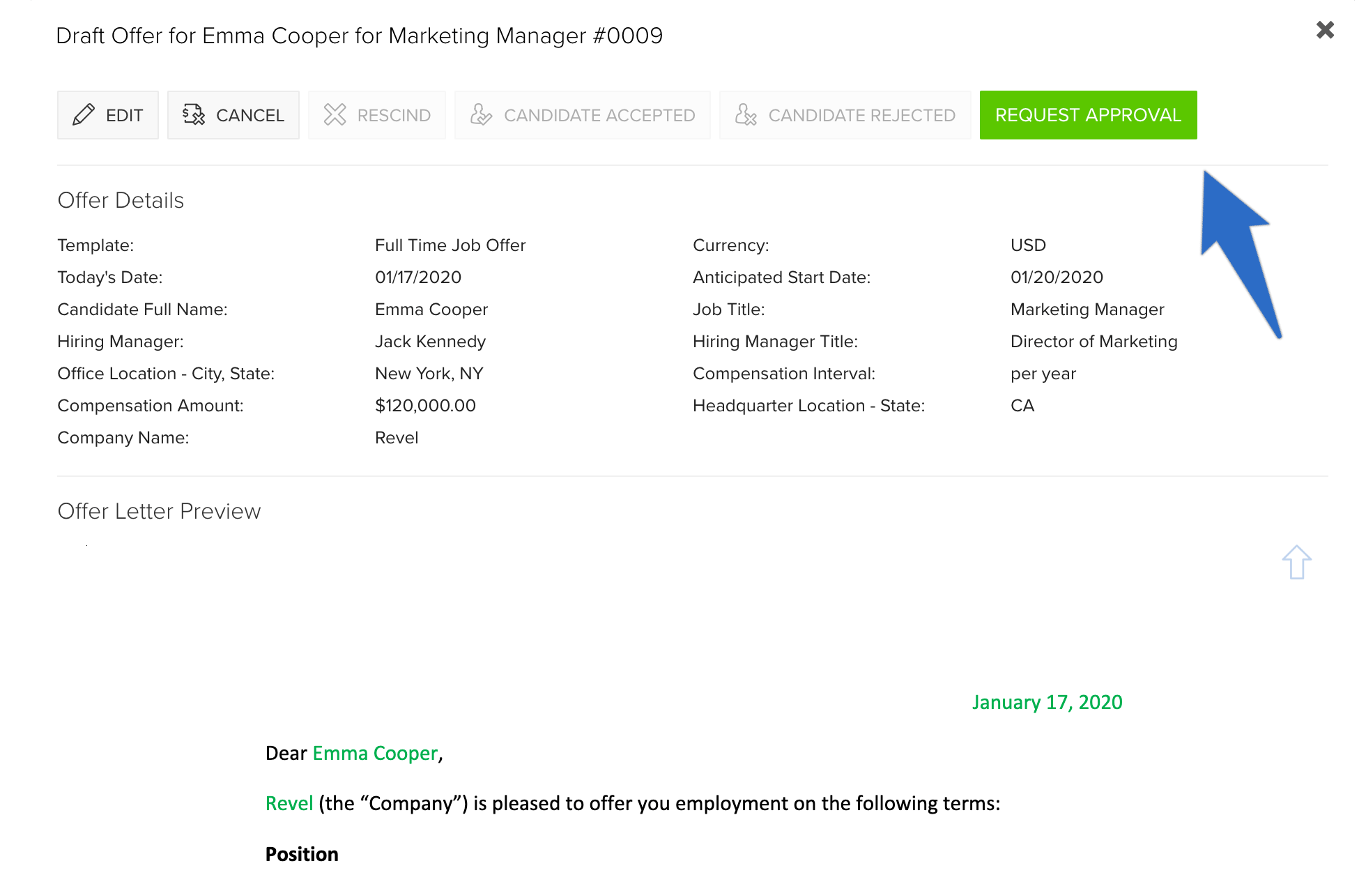 request approval button on the draft offer page