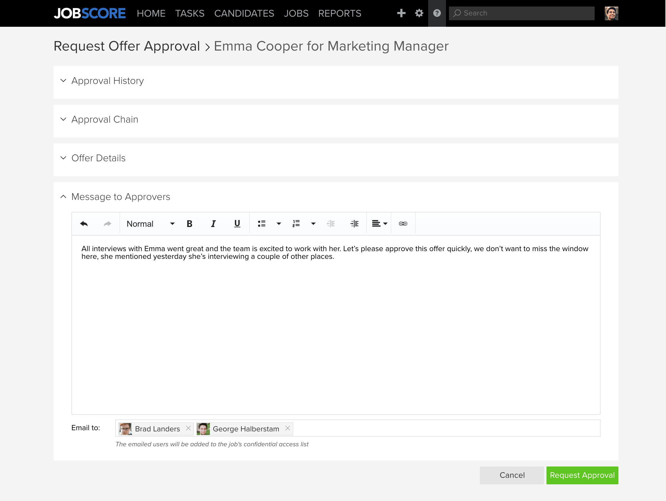 request offer approval page