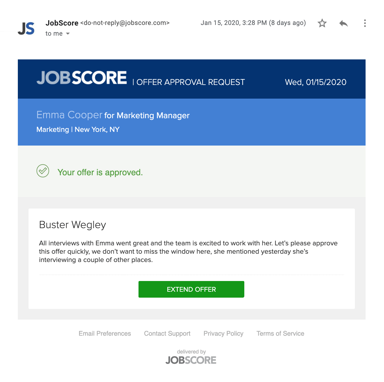 email informing offer is approved