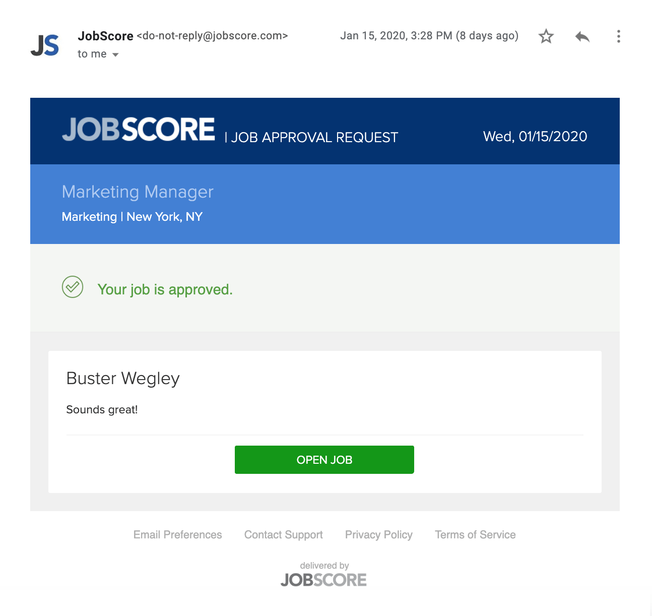 email informing job is approved