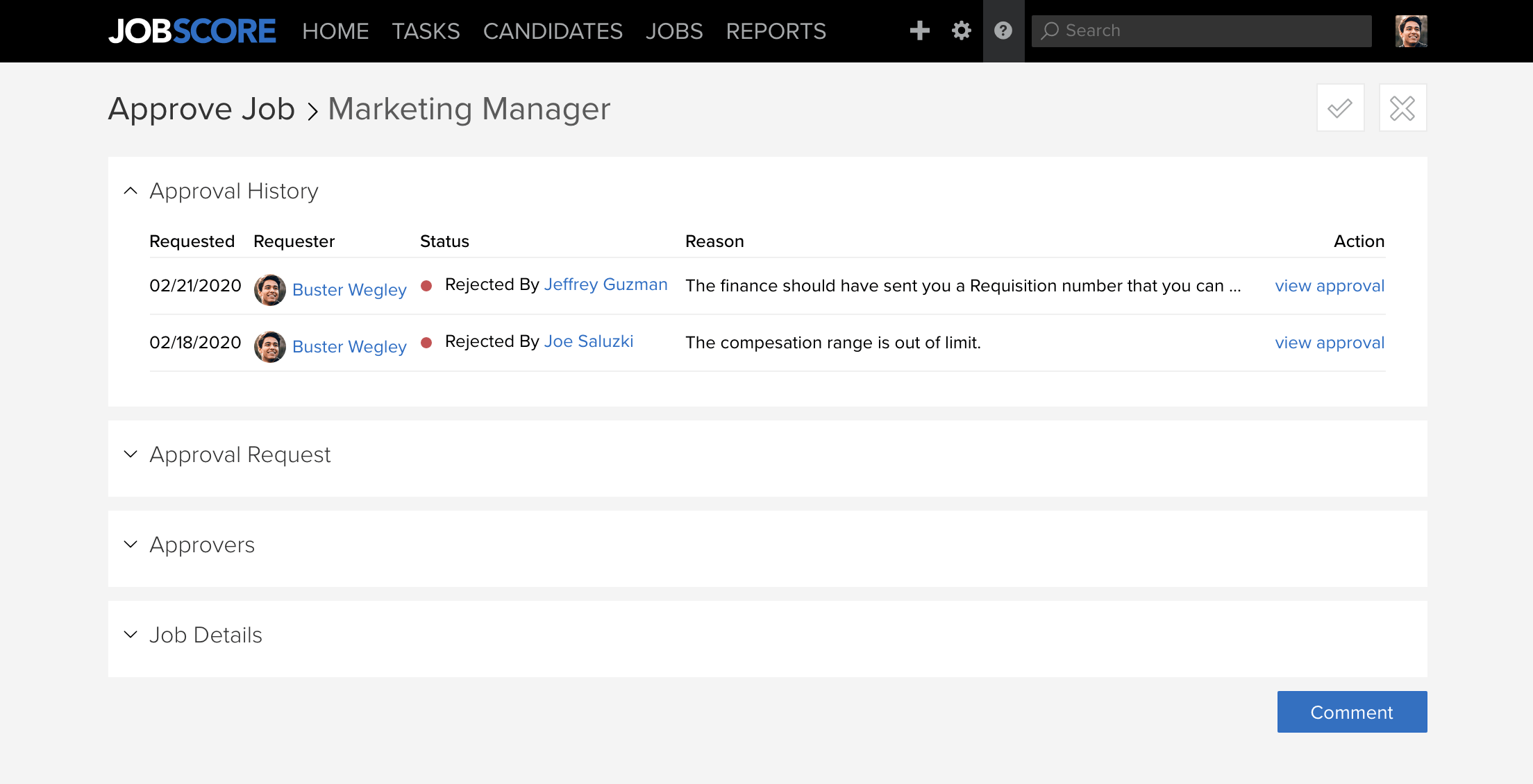 Approve page - job rejected