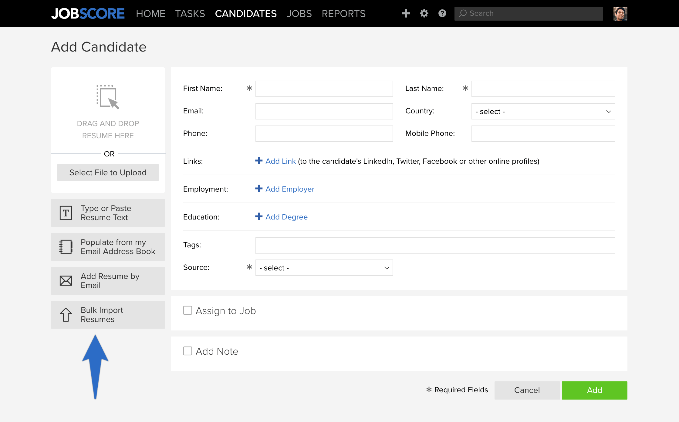 Add Candidate page