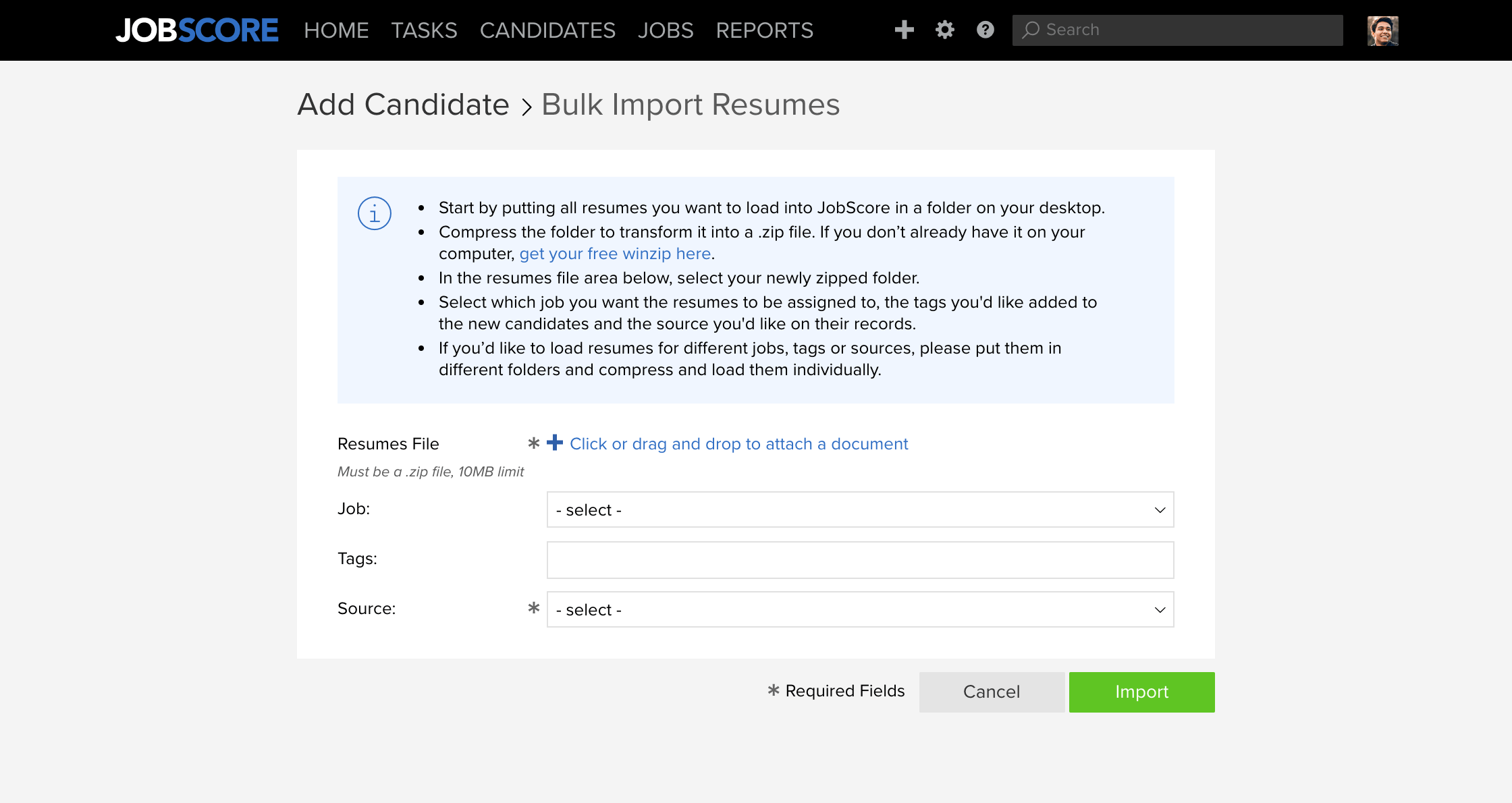 Bulk Import Resumes page