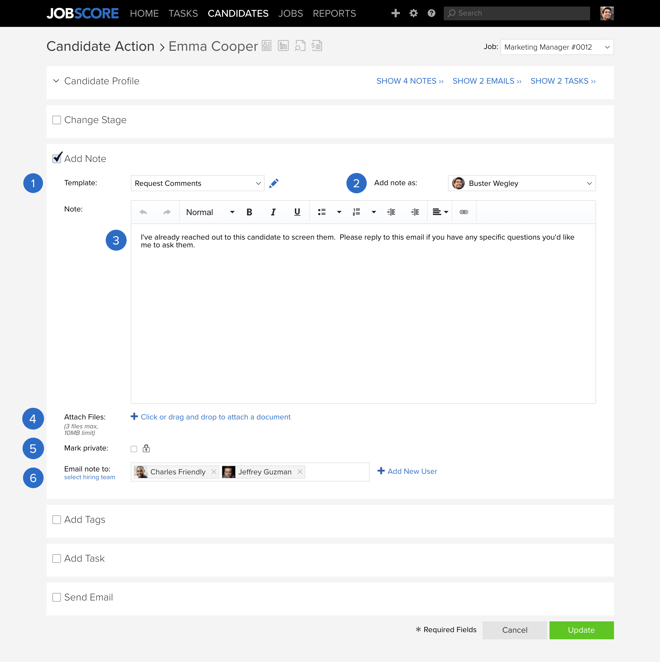 Candidate Note page
