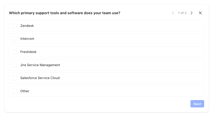 A question card asking which support tools the team uses, with tick boxes