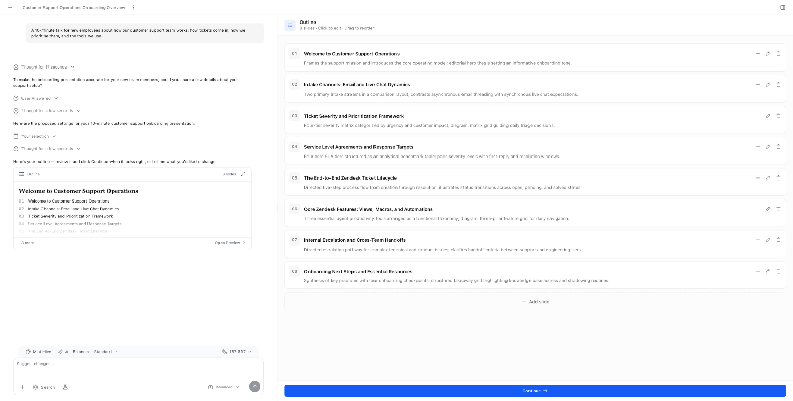 The chat on the left and the outline panel on the right with eight slides and a Continue button