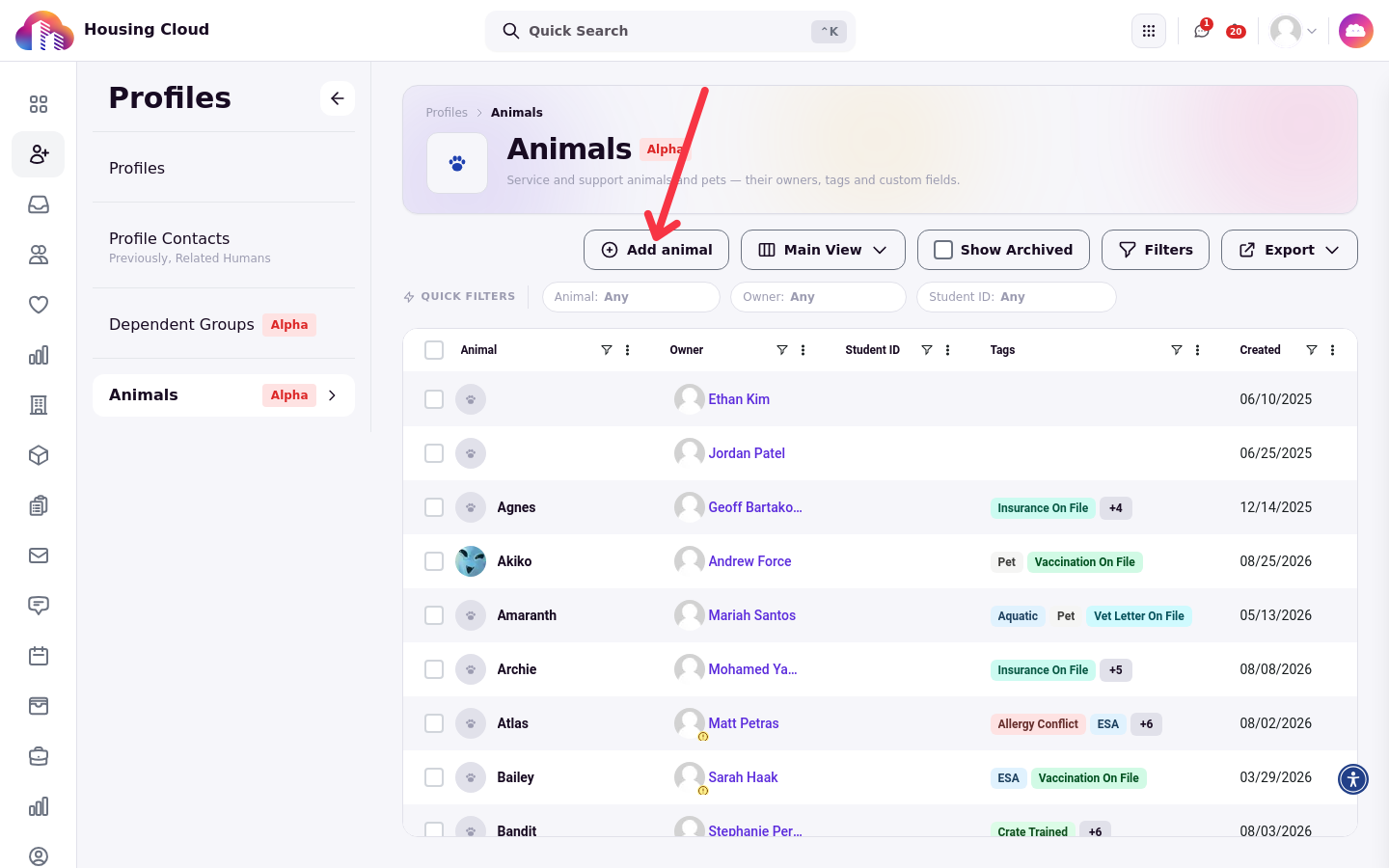 The Animals roster under Profiles, with quick filters for Animal, Owner, and Student ID