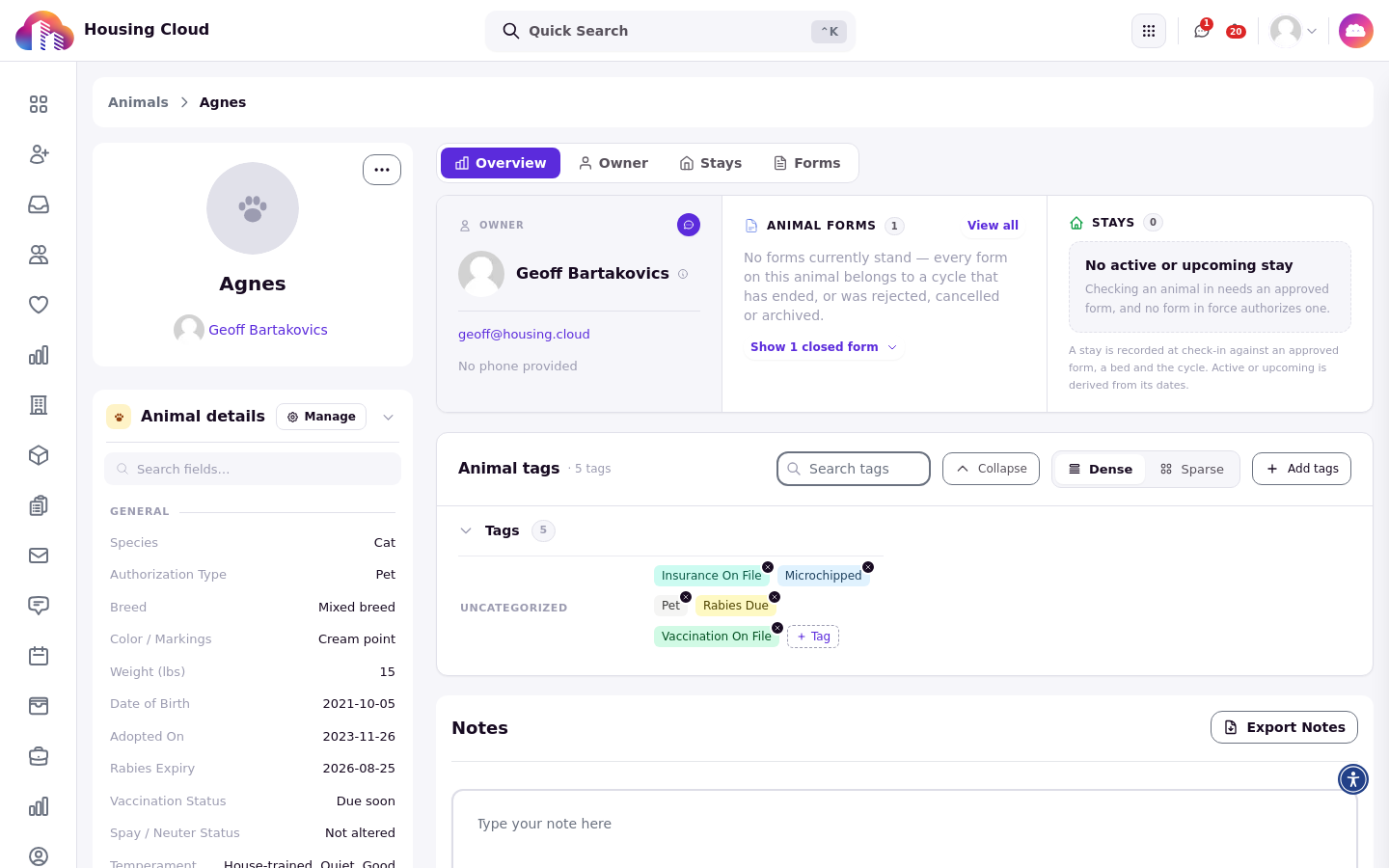 An animal profile with the Overview, Owner, Stays, and Forms tabs