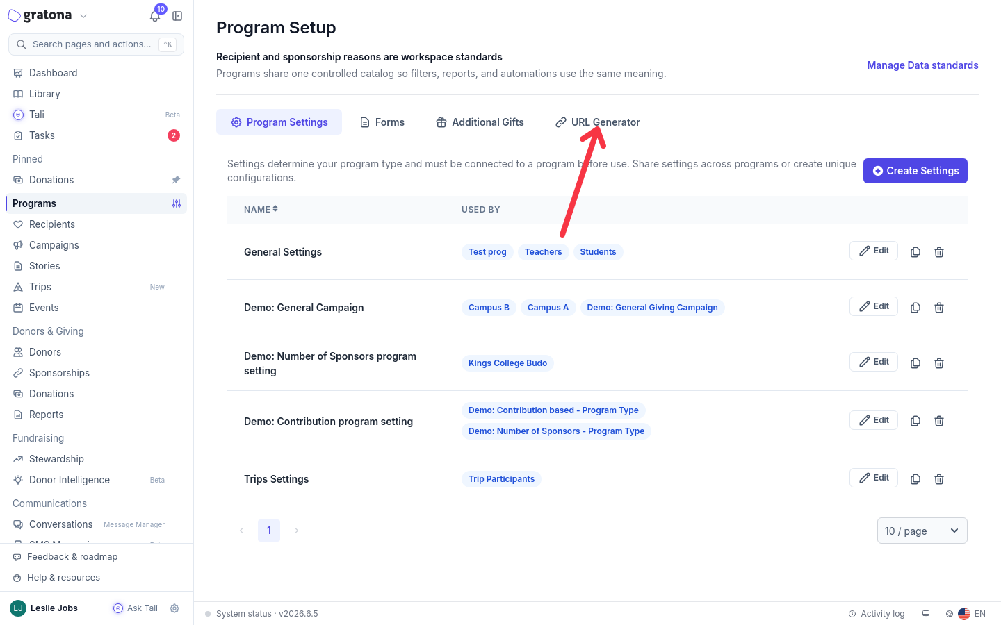 Program Setup page with the URL Generator tab highlighted in the tab row.