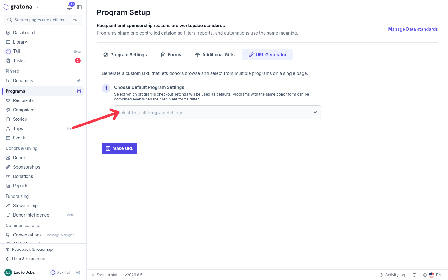 URL Generator form with the Choose Default Program Settings dropdown visible.
