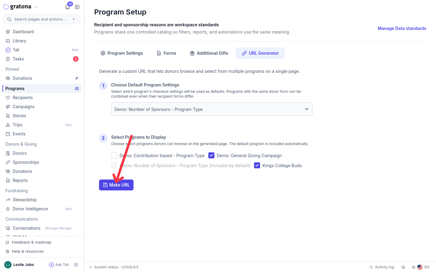 URL Generator form with a default program selected and additional programs checked under Select Programs to Display.