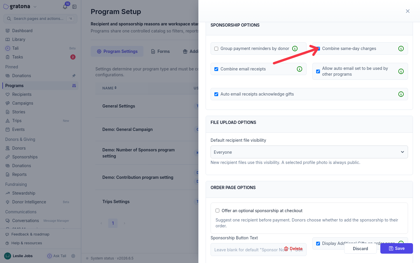 Setting profile editor showing the Sponsorship Options section with Combine same-day charges and Combine email receipts.