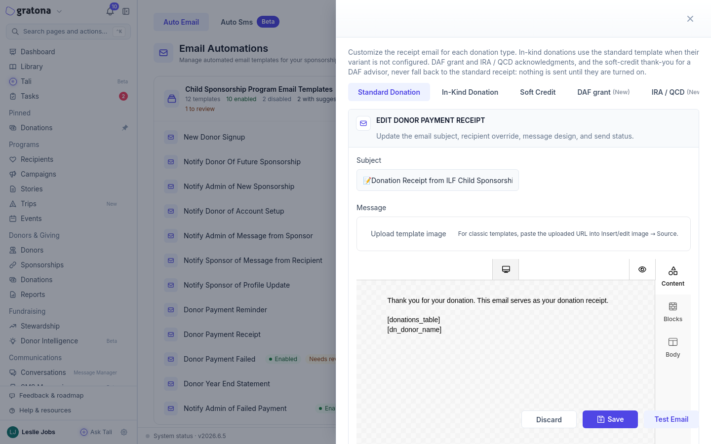 Email template editor for the Donor Payment Receipt Standard Donation variant with [donations_table] in the message body.