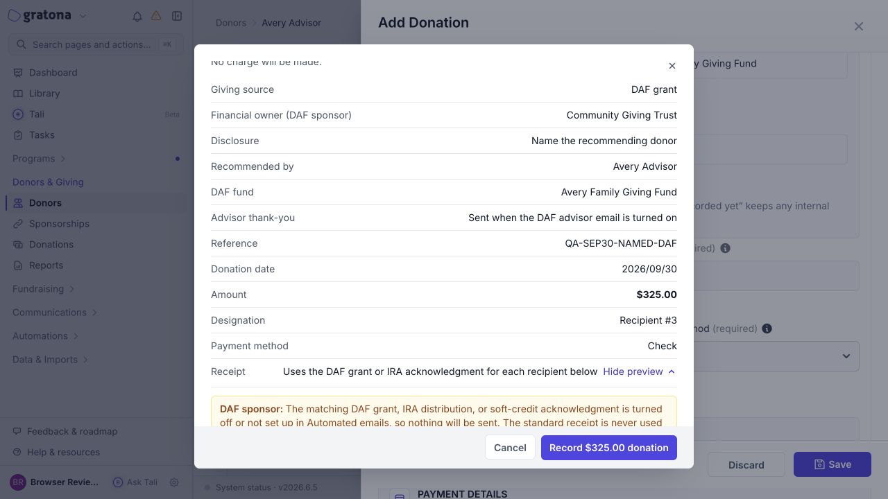 Confirm donation summary for a DAF grant showing the DAF sponsor as the financial owner, the advisor recognition, and the acknowledgment plan