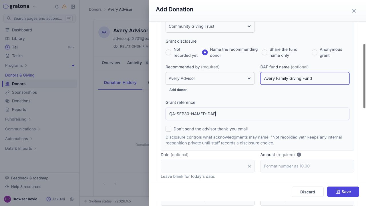 Donation form section showing Grant disclosure set to Name the recommending donor, the Recommended by field filled in, and the DAF fund name and Grant reference entered