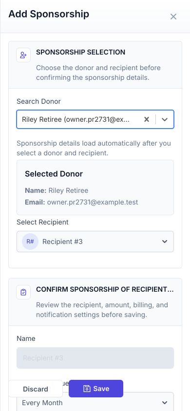 Mobile view of the Add Sponsorship drawer with the recipient still selected after the donor is chosen