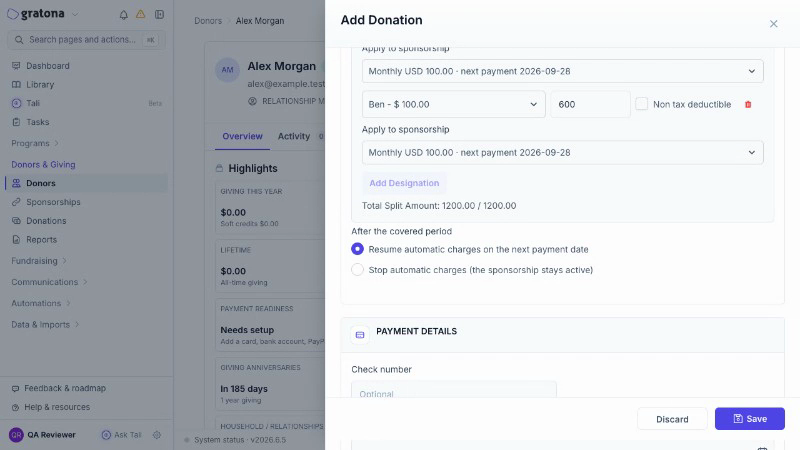Donation allocation coverage showing the two After the covered period choices: Resume automatic charges on the next payment date, and Stop automatic charges while the sponsorship stays active