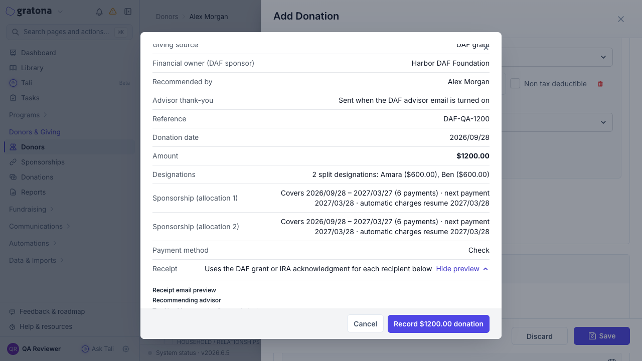 Confirm donation summary listing sponsorship coverage with covered dates and whole periods for two $600 allocations