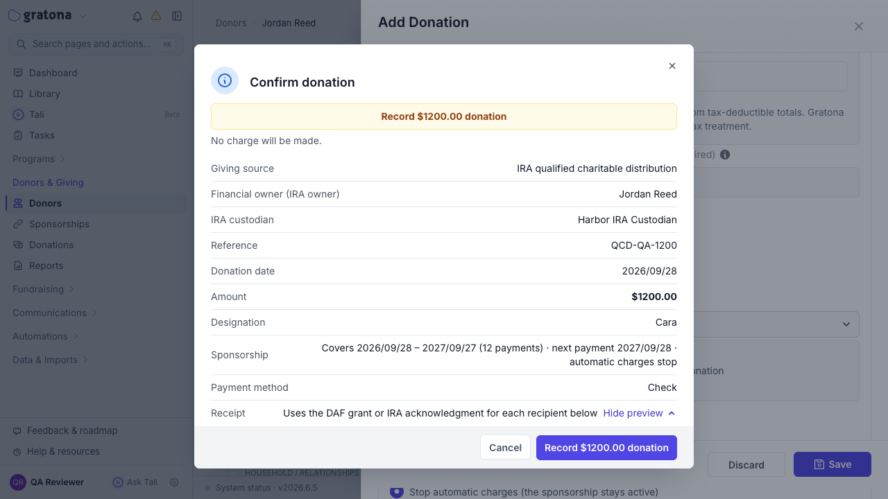 Confirm donation summary for an IRA/QCD gift
