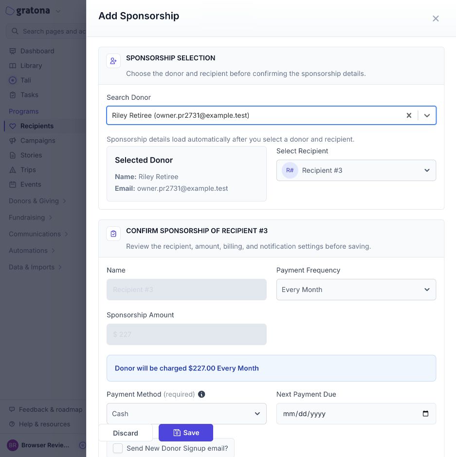 Add Sponsorship drawer with the recipient name already selected, still correct after the donor is chosen