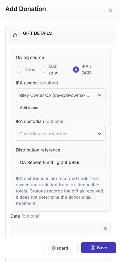 Mobile donation form with Giving source set to IRA / QCD, the IRA owner selected, the optional IRA custodian and Distribution reference fields, and the notice that the amount is excluded from tax-deductible totals