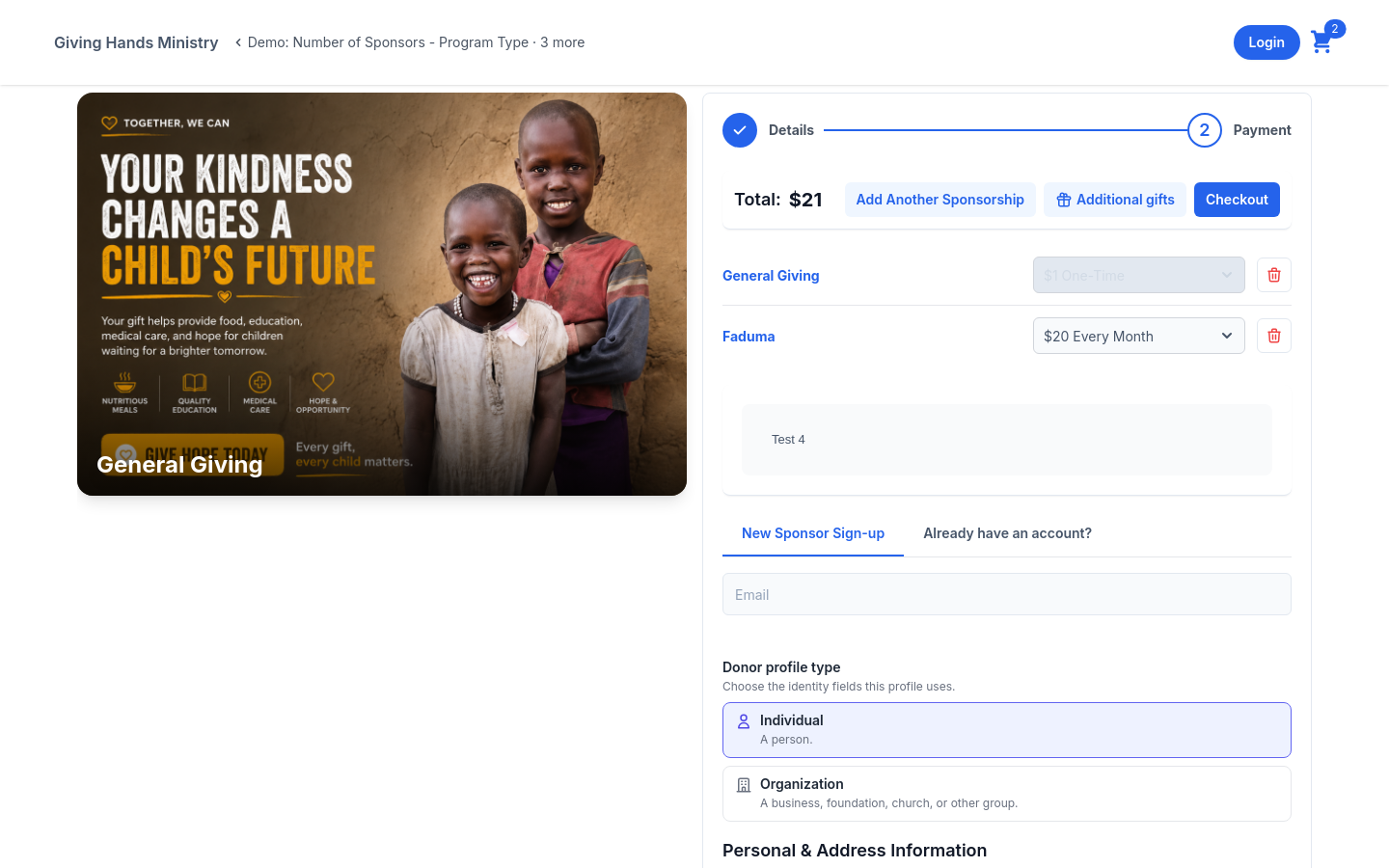Checkout order summary listing a campaign gift and a sponsorship, each with its own amount and frequency, above a single combined total.