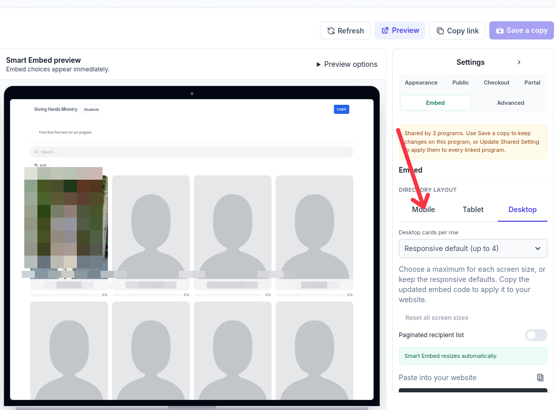 The Embed section of Website & Embed showing the Directory layout controls: Mobile, Tablet, and Desktop tabs, a cards-per-row dropdown, Reset all screen sizes, the Paginated recipient list toggle, and Paste into your website, with an arrow pointing to the screen-size tabs