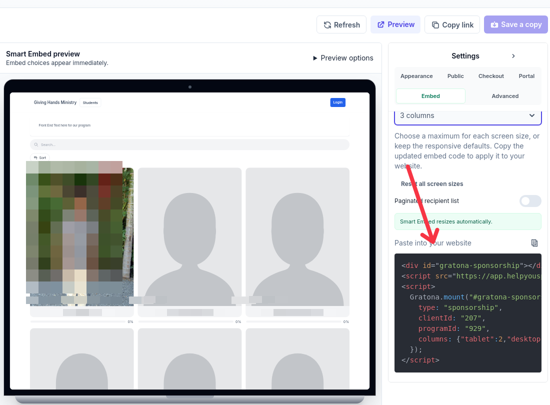 The Paste into your website code panel and copy icon in Website & Embed. Recipient details are obscured, and the code extends beyond the visible panel.