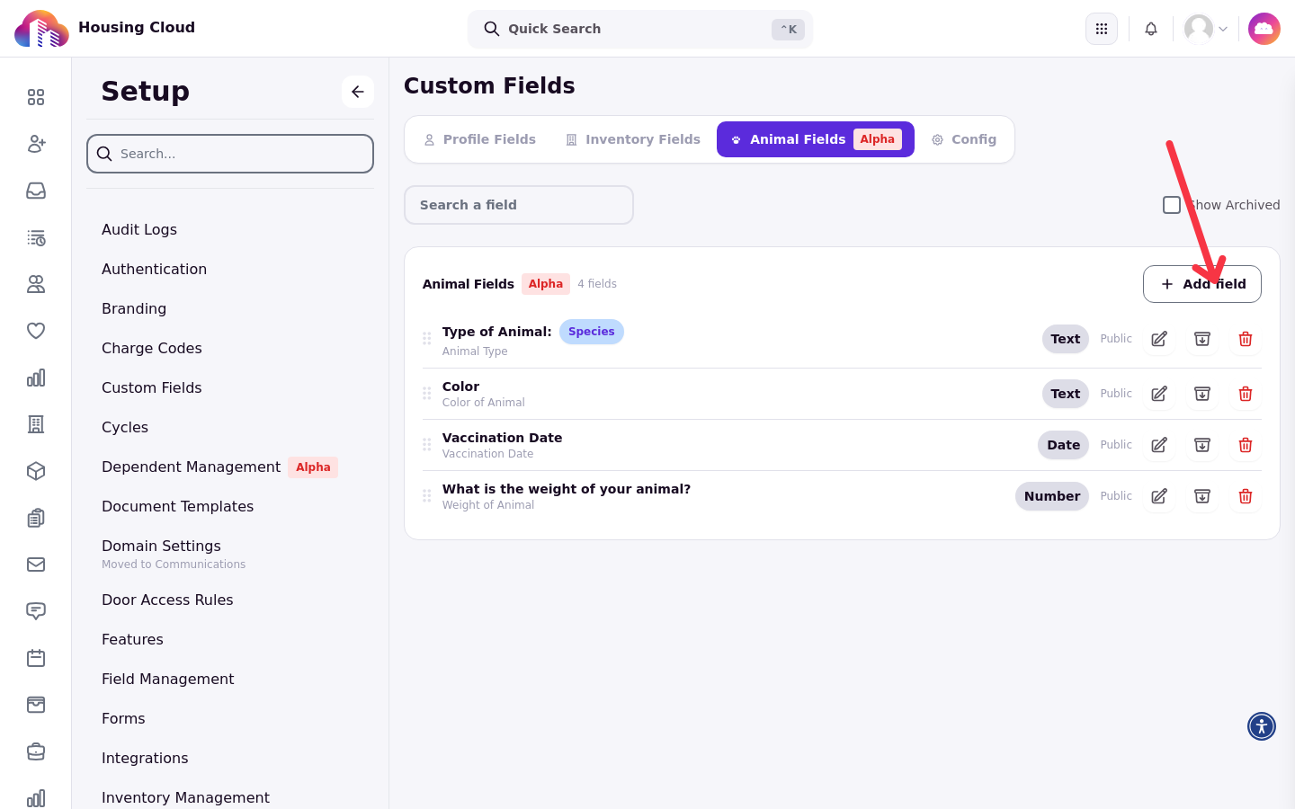 The Animal Fields tab in Setup under Custom Fields, with the Add field button