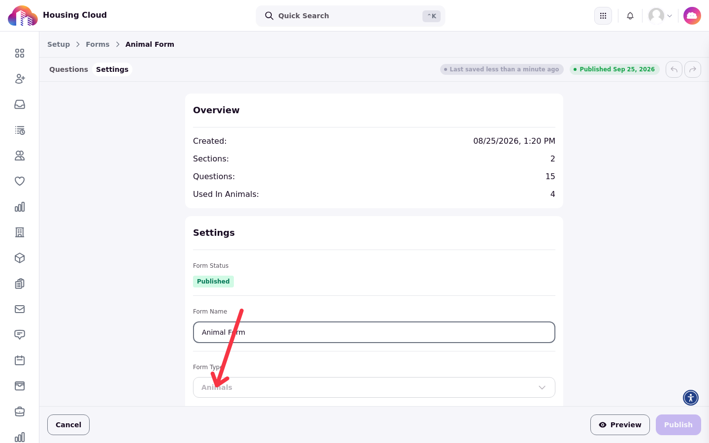 The Form Builder Settings card with Form Type set to Animals