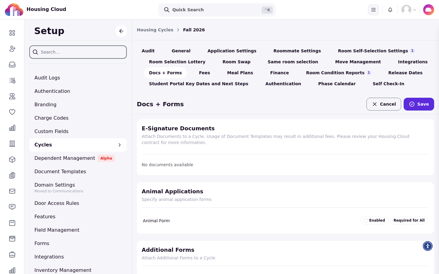 The Animal Applications section with an animal application form and its Enabled and Required for All controls