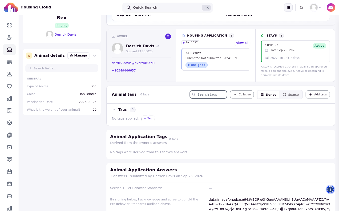 An animal application's detail page with the animal's details, tags, and application answers