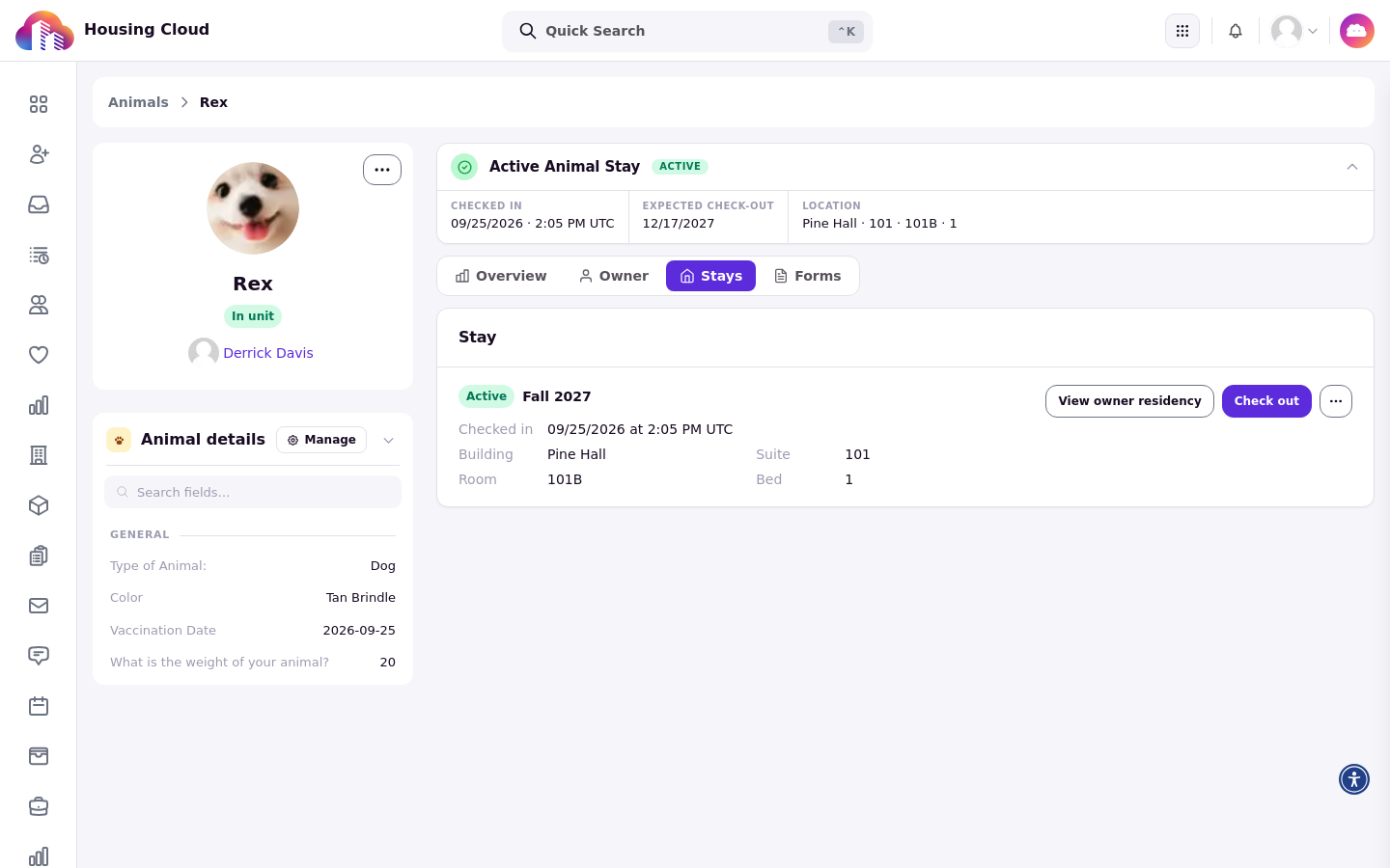 An animal profile with the Stays tab open, showing the active stay with its check-in time and location