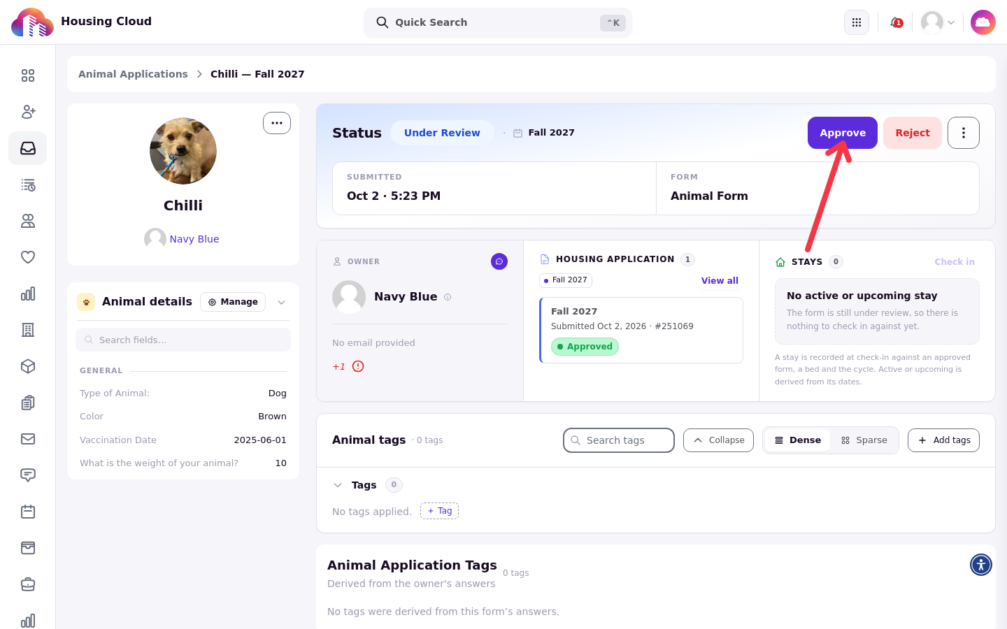 The application detail page with the Approve button on the status card